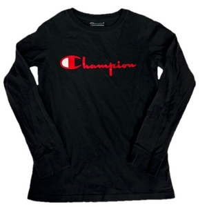 Champion Youth Large Boy Black Long Sleeve Top Shirt Big Logo On Chest